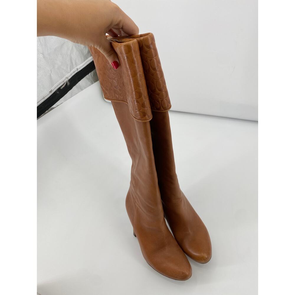 Coach Y2K harper Cognac Brown Leather Foldover Logo Heeled Boots - Picture 7 of 10